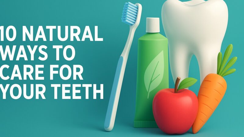 3D image showing a toothbrush, toothpaste, tooth, apple, and carrot beside the title “10 Natural Ways to Care for Your Teeth”