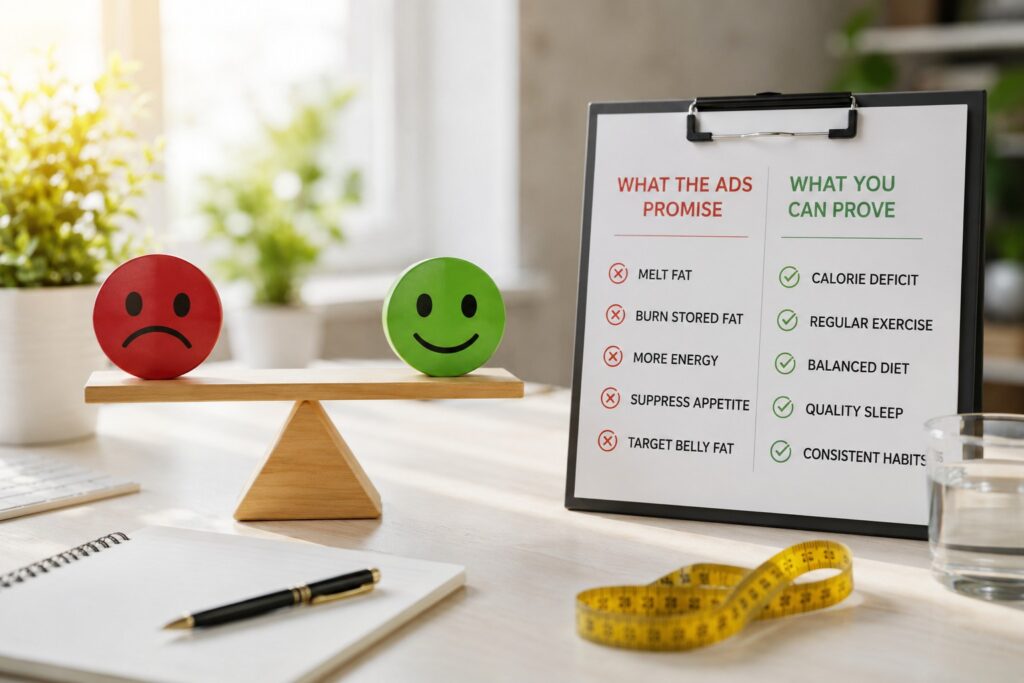 White theme realistic desk scene showing a balance scale with sad and happy face icons and a checklist comparing weight loss ad promises vs what you can prove, with measuring tape and natural light