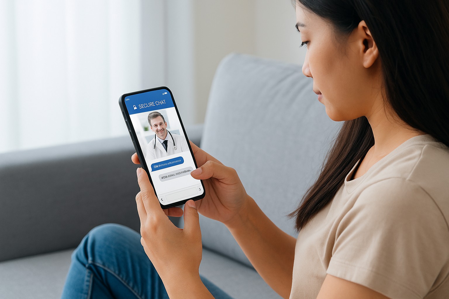 Woman using smartphone for private medical chat with a doctor.