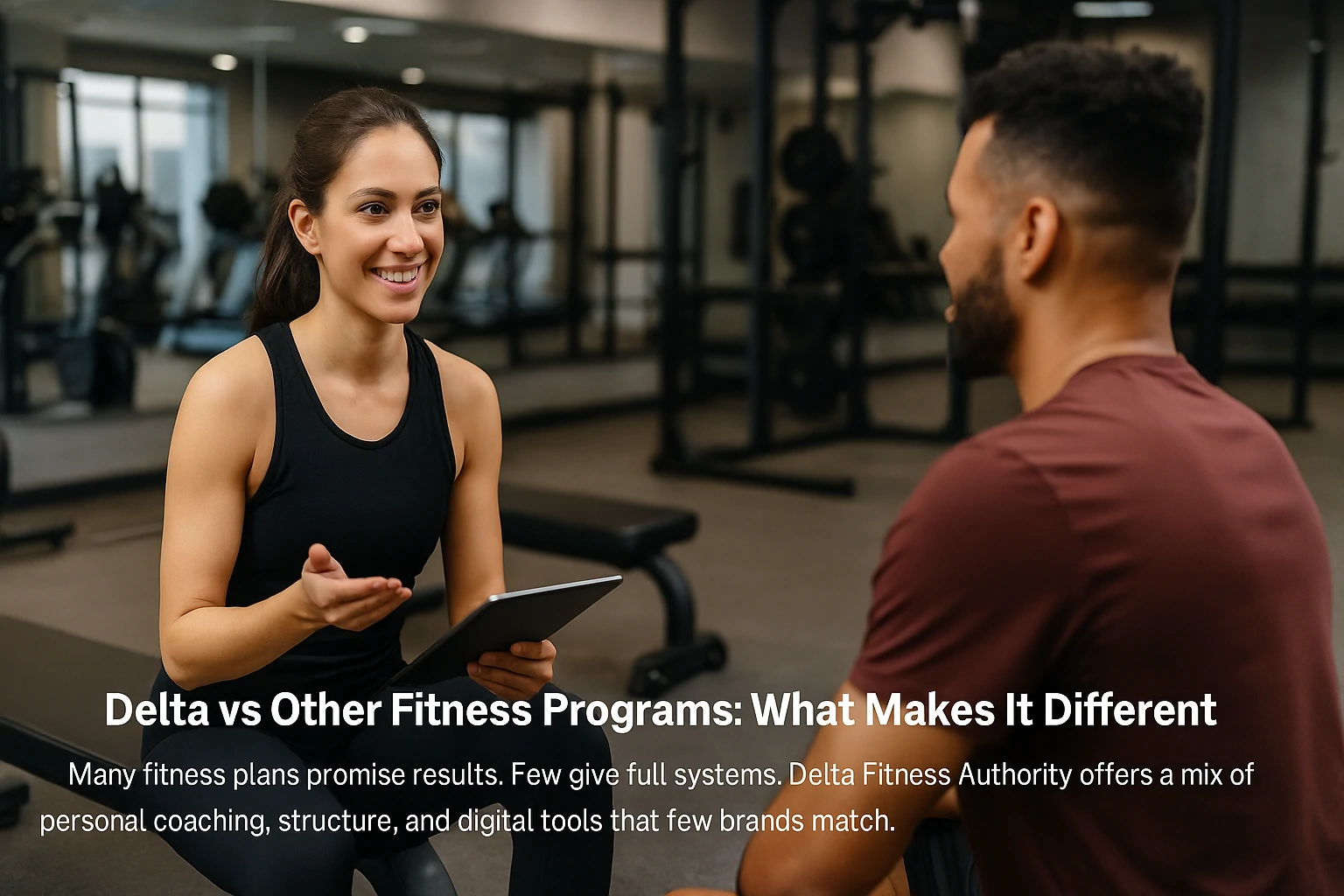 female Delta Fitness coach holding a tablet and guiding a client in a calm and supportive setting, symbolizing the personalized and structured approach compared to other fitness programs.