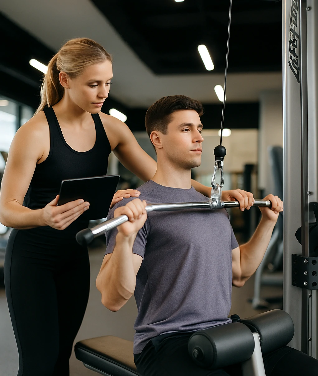 emale fitness coach holding a tablet and guiding a male client using a lat pulldown machine, showing real-time progress tracking and personalized training support in a modern gym.