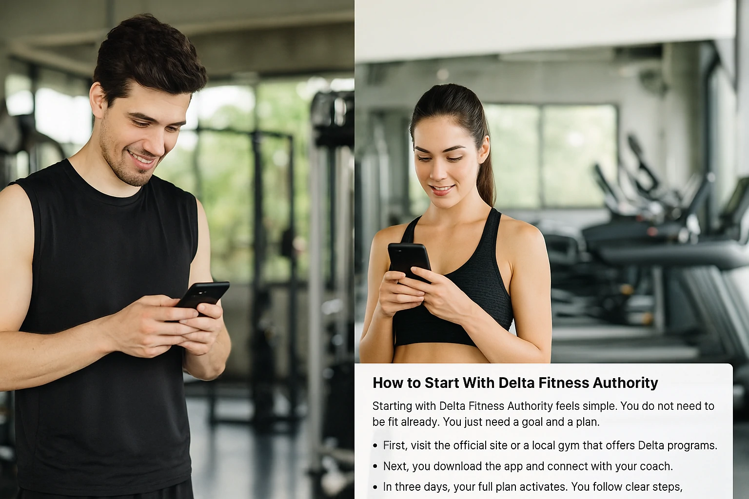 image showing a man and woman in workout gear smiling while using smartphones to start their Delta Fitness Authority plans, surrounded by clean, modern equipment.