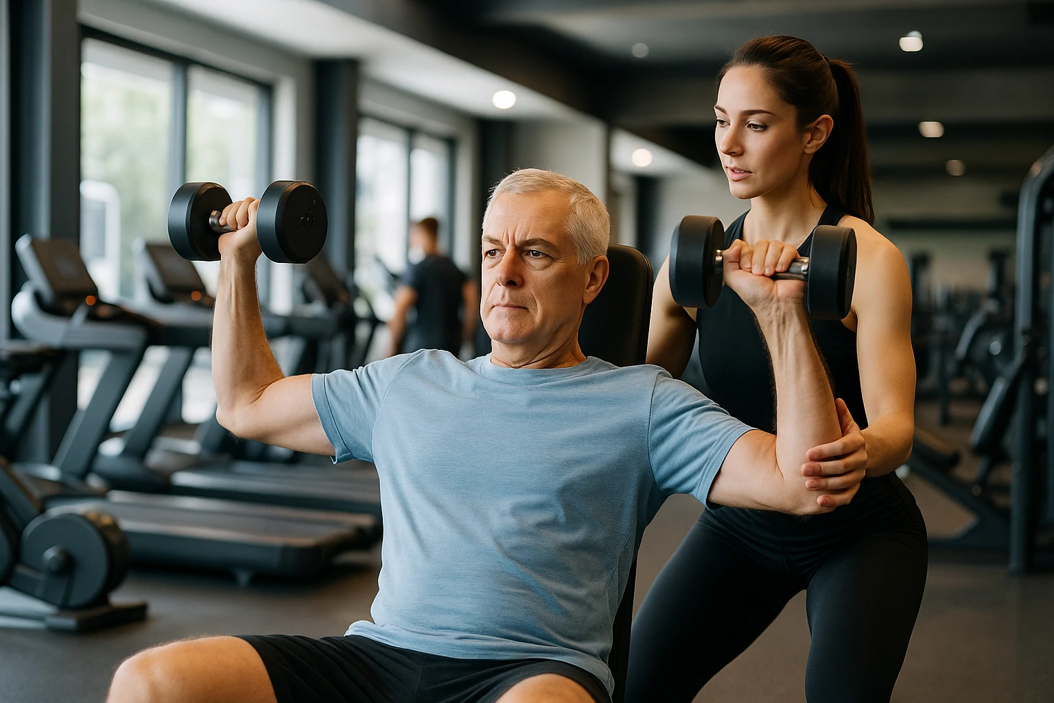 Realistic image of an older man performing dumbbell shoulder presses under the guidance of a young trainer in a bright, professional gym environment with treadmills and other members in the background.