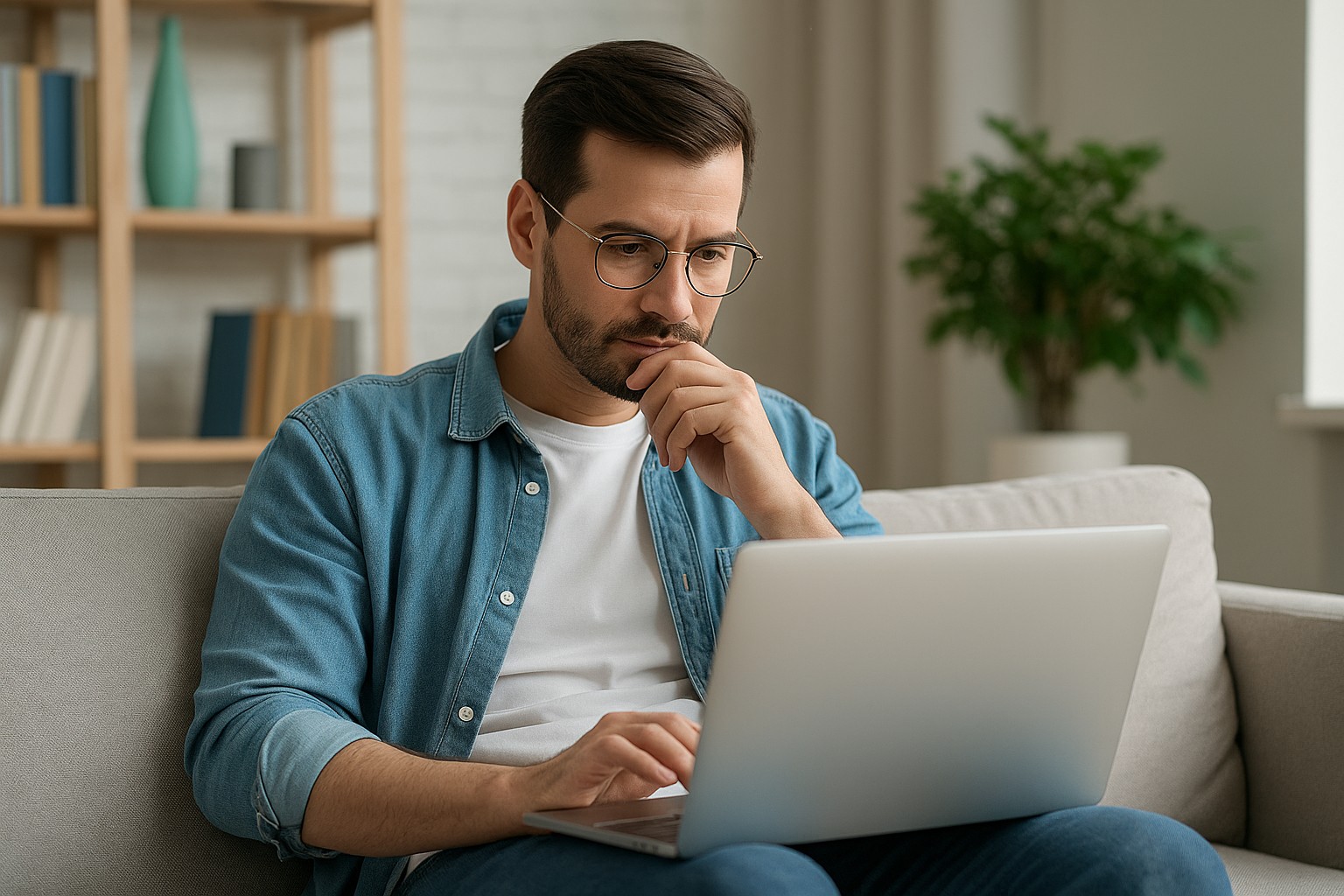 Man reading sexual health information on laptop in bright living room.