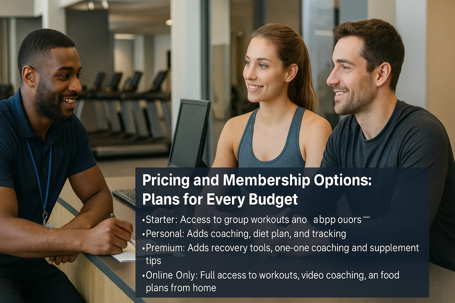 fitness consultant at a gym front desk explaining membership plans to a smiling couple, with clean gym equipment visible in the background.