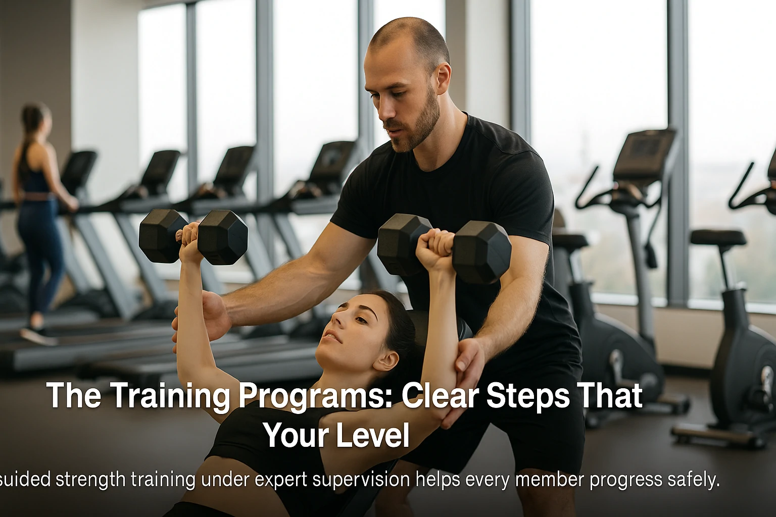 Image of a personal trainer assisting a woman during a dumbbell chest press in a bright, structured gym environment, with treadmills and other members training in the background.