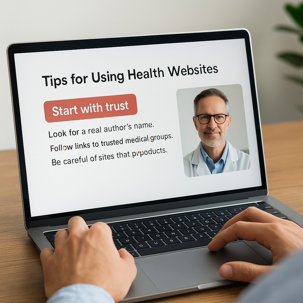 Hands using laptop to read trusted online health information.