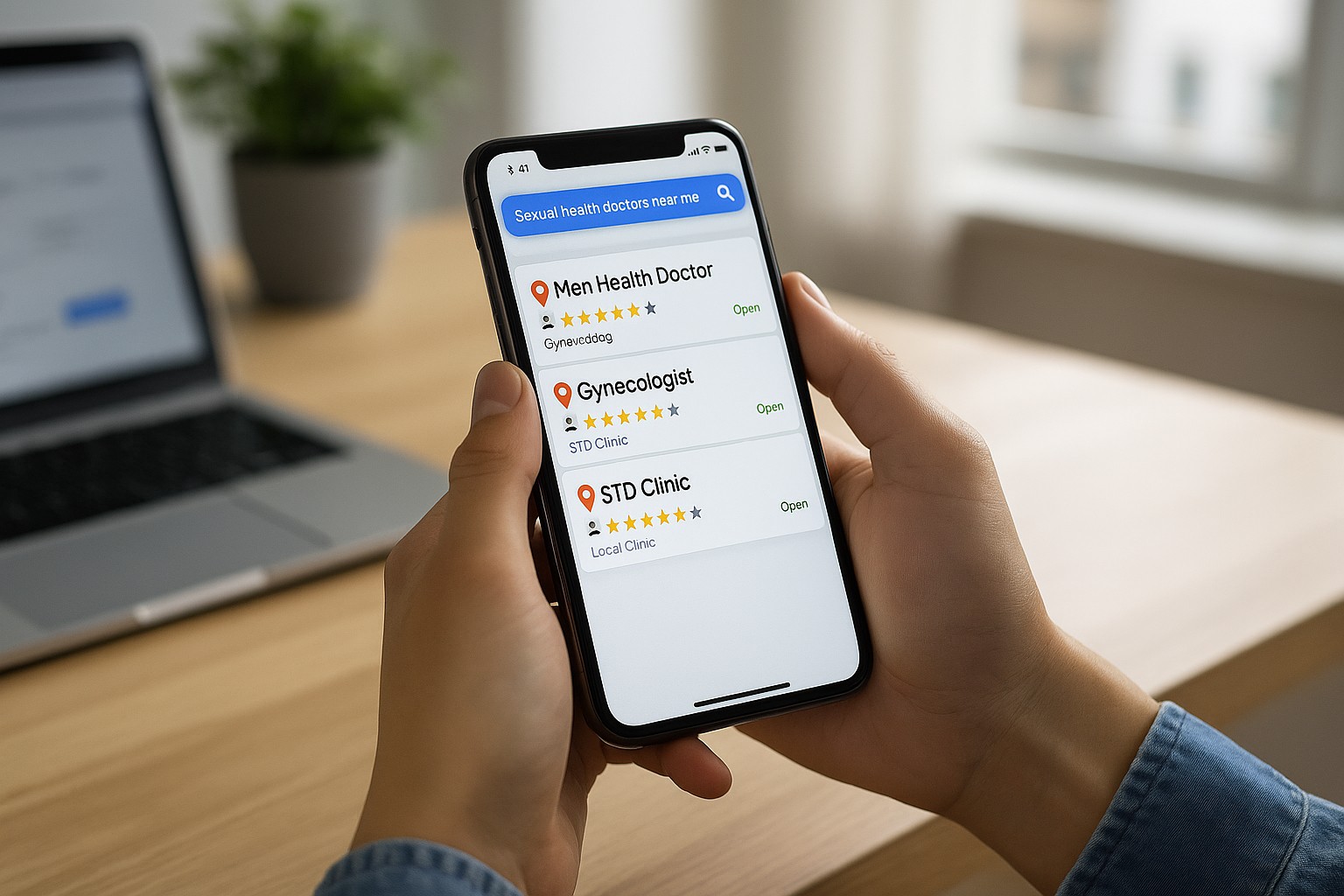 Hands holding phone showing search results for nearby gynecologist and STD clinic.