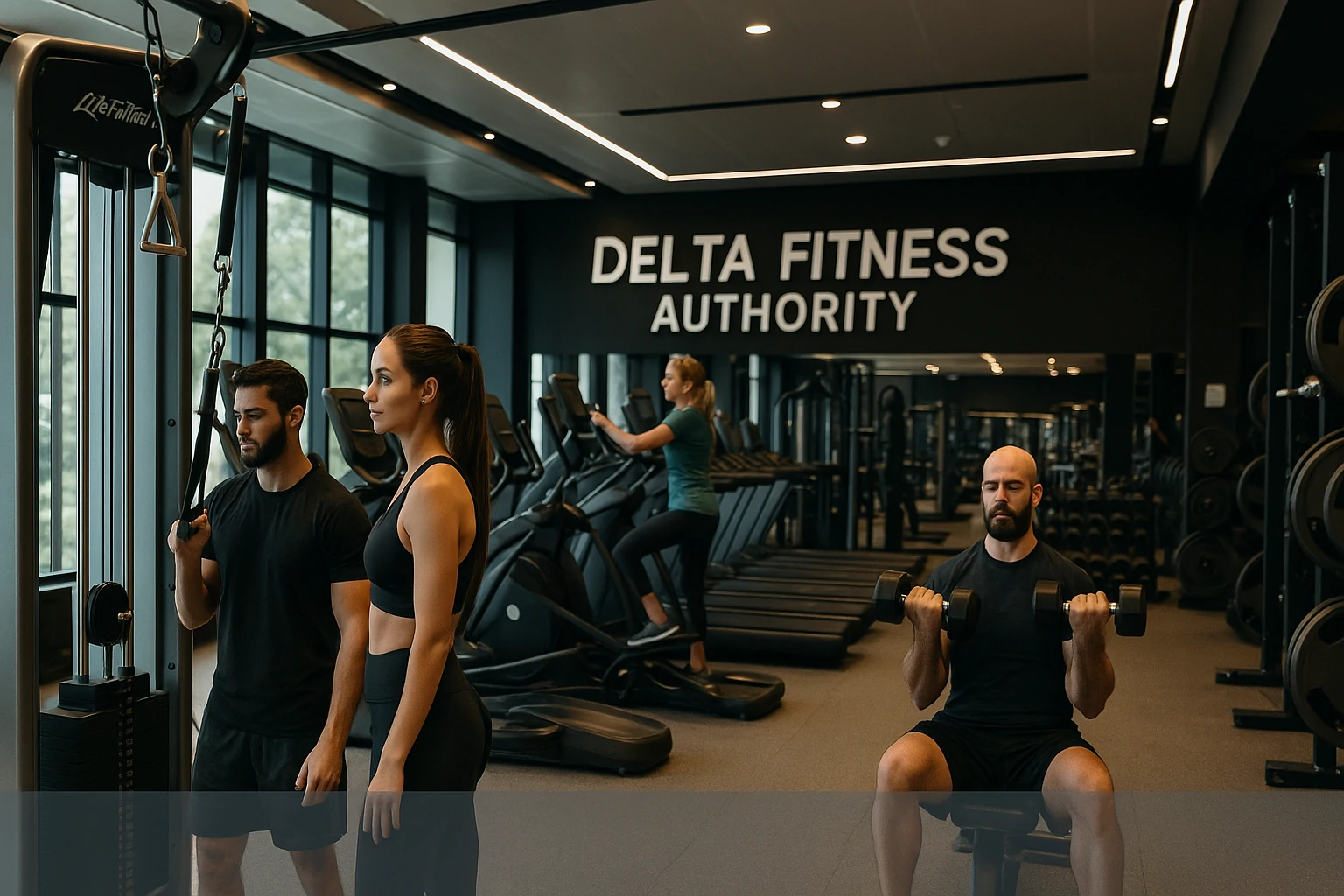 Realistic gym interior showing trainers and members working with weights and cardio machines, capturing the structured and balanced approach of Delta Fitness Authority.