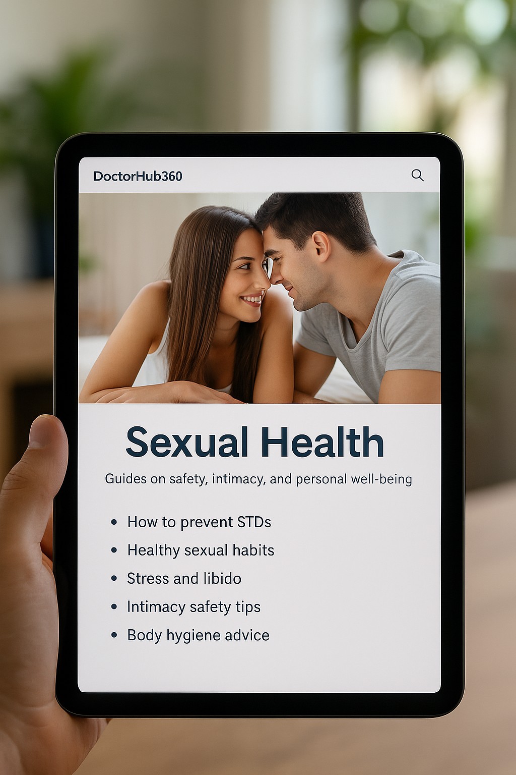 Tablet screen showing DoctorHub360.com’s sexual health page with learning topics.