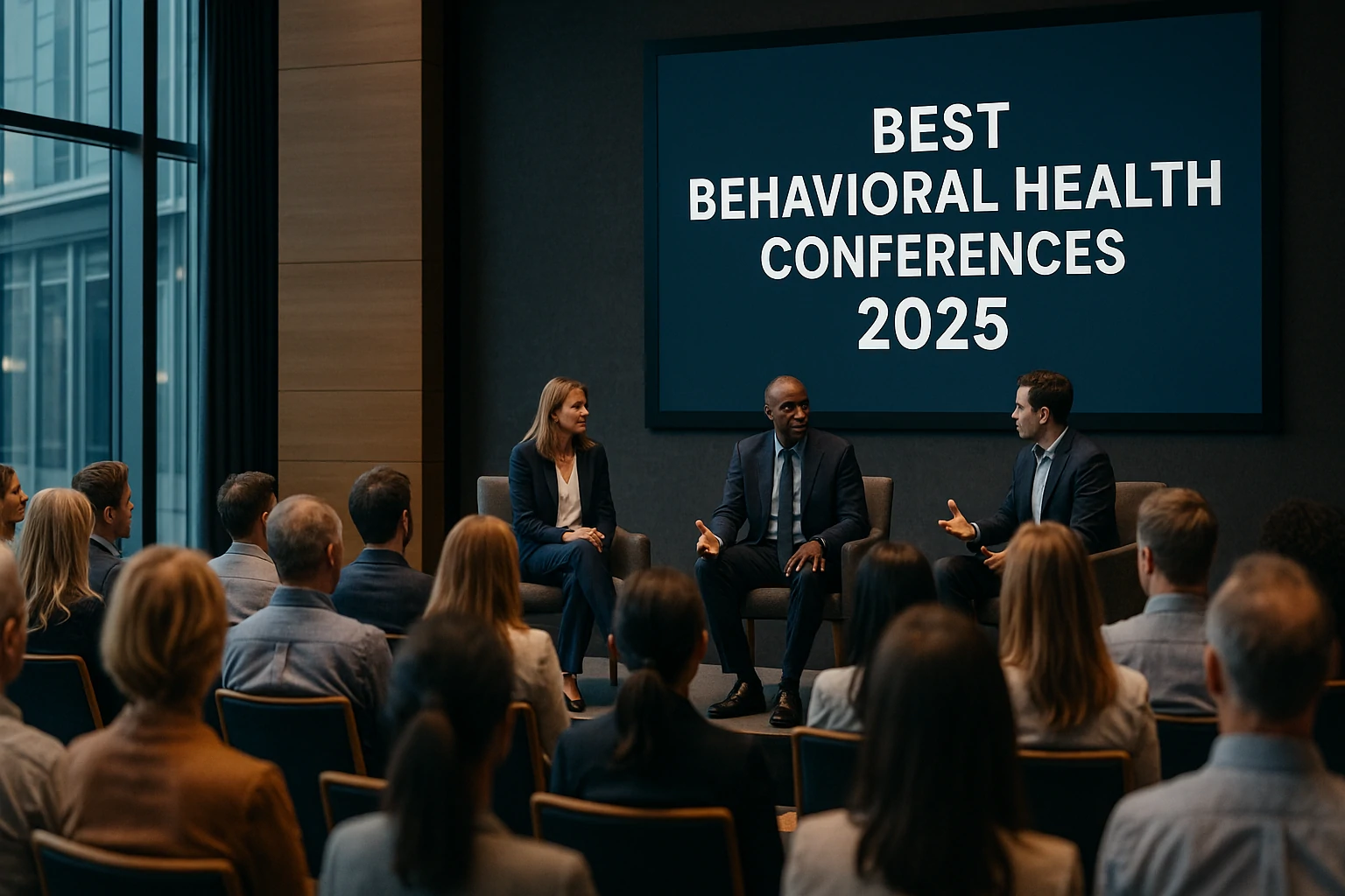 A live conference setting with healthcare professionals discussing mental health trends in 2025.