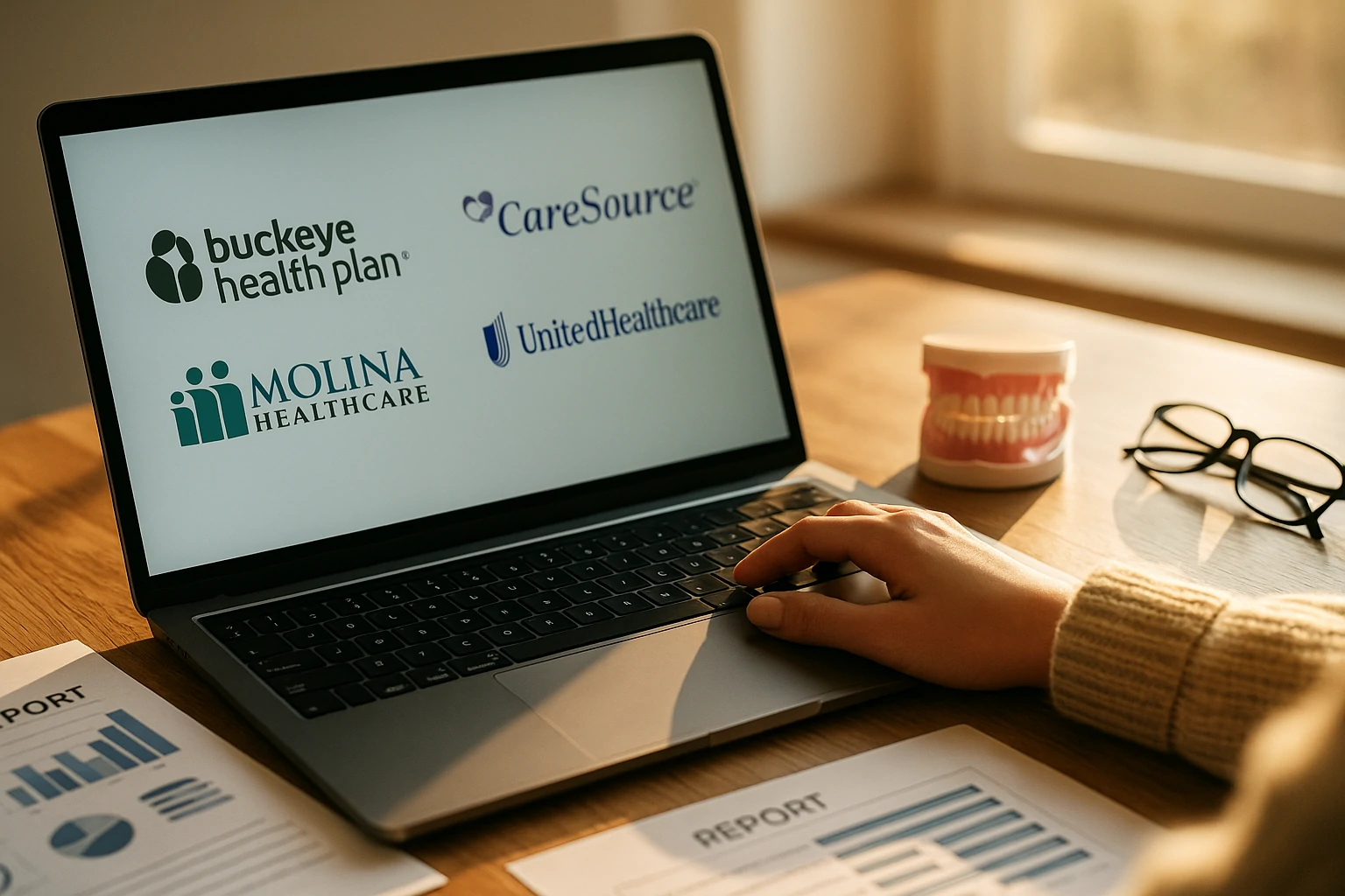 A person comparing dental insurance plans on paper with a laptop on a desk, evaluating options like Buckeye, CareSource, Molina, and UnitedHealthcare.