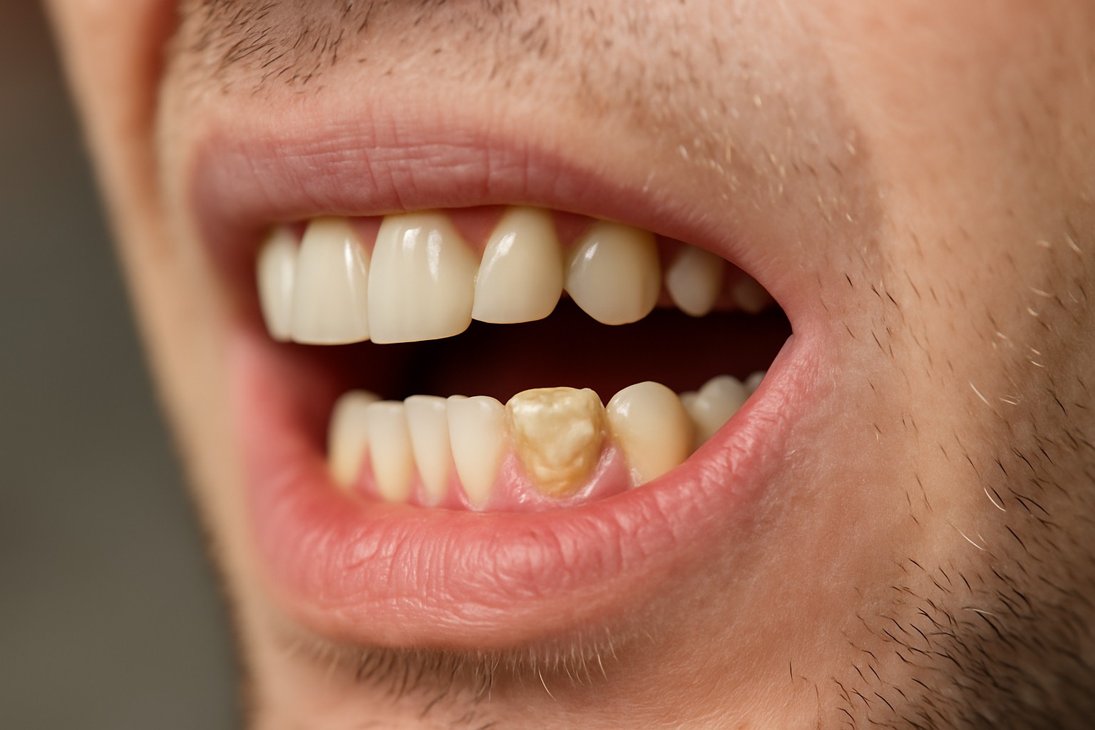 Close-up of a human tooth surface showing minor enamel wear near the gumline