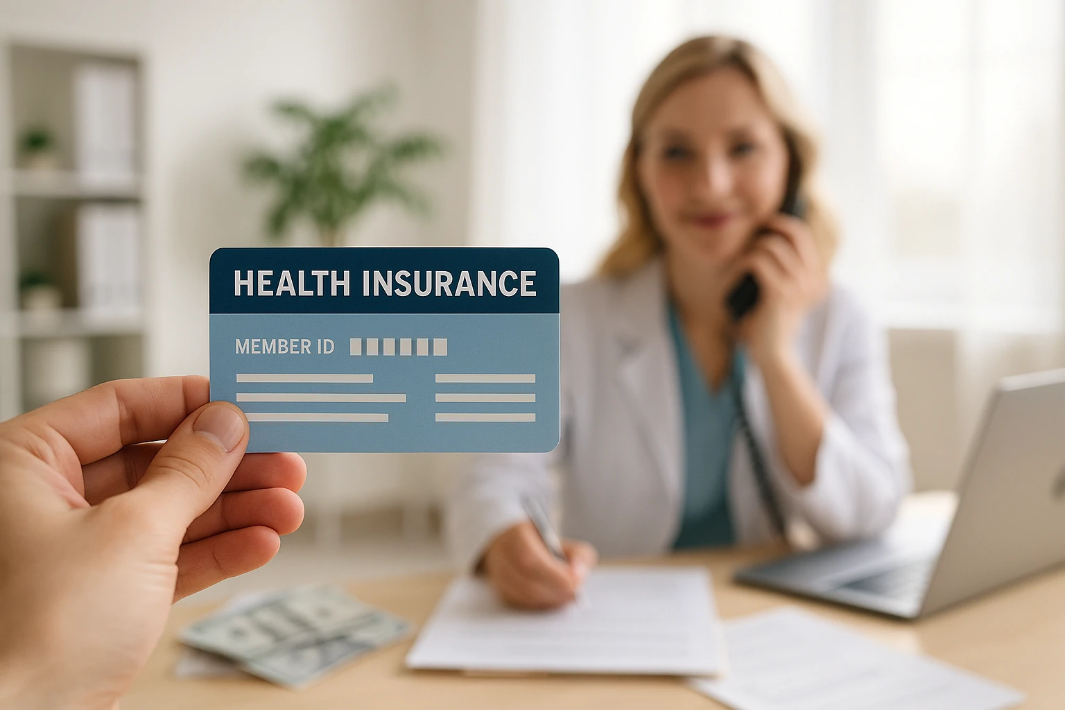 Hand holding health insurance card in front of a female clinic staff member on a phone call in a bright medical office