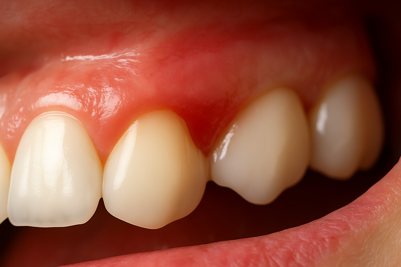 Extreme close-up of human gums with visible redness and soft tissue pressure from nicotine pouch use.