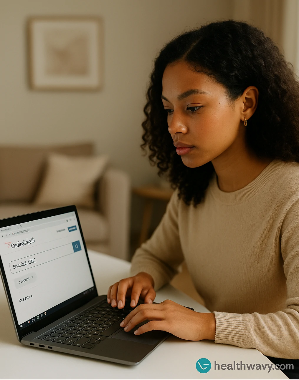 American woman analyzing data on her laptop in a remote workspace.