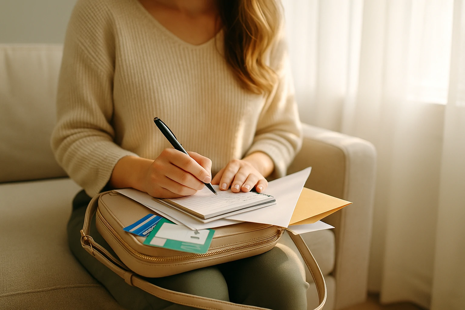 Woman preparing for her first mental health visit with documents, ID, and notepad in a warm sunlit room
