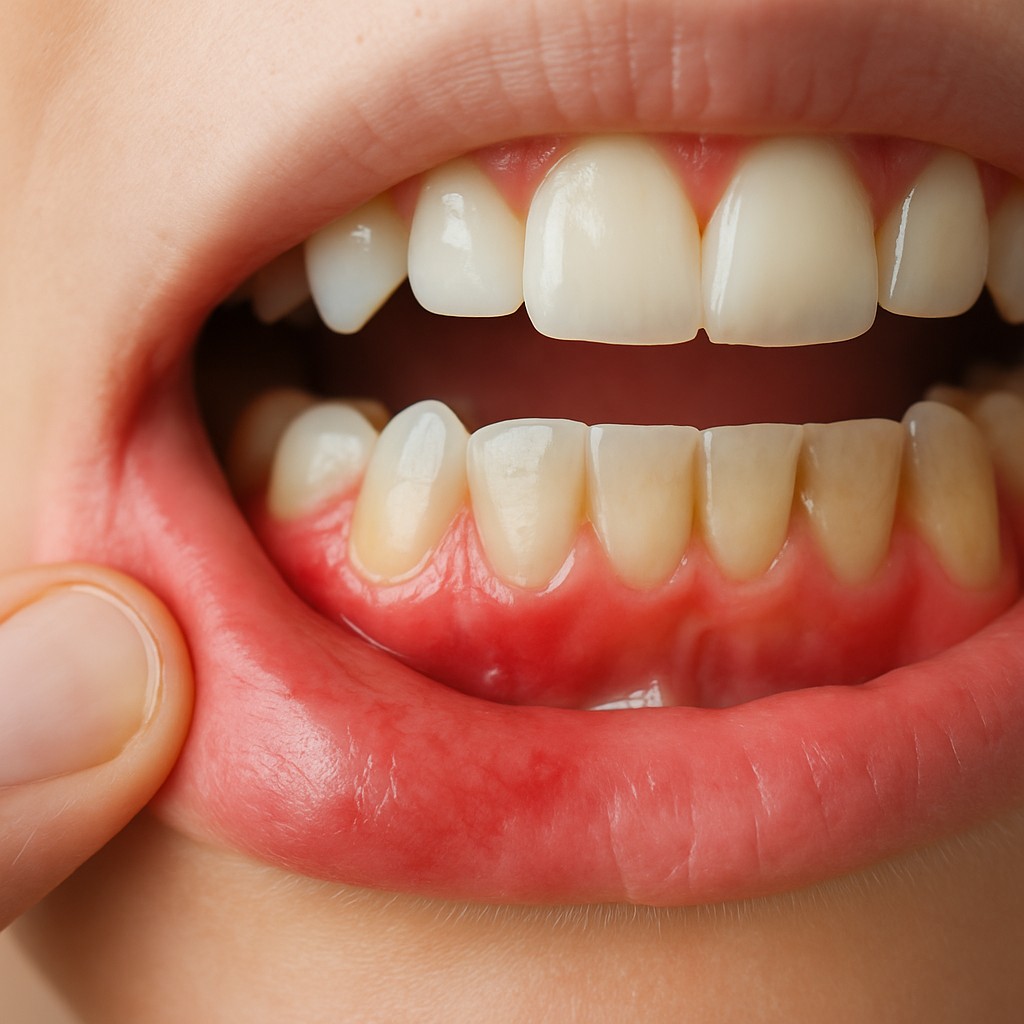 Close-up image of irritated gums and discolored enamel showing early mouth damage