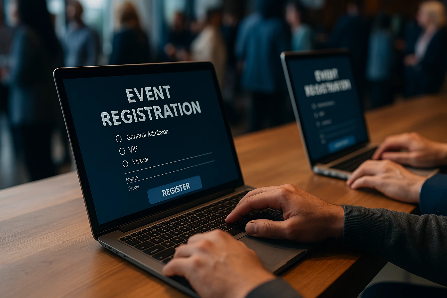 A close-up view of a person using a laptop to register online for a professional health event, with conference brochures and coffee on the table