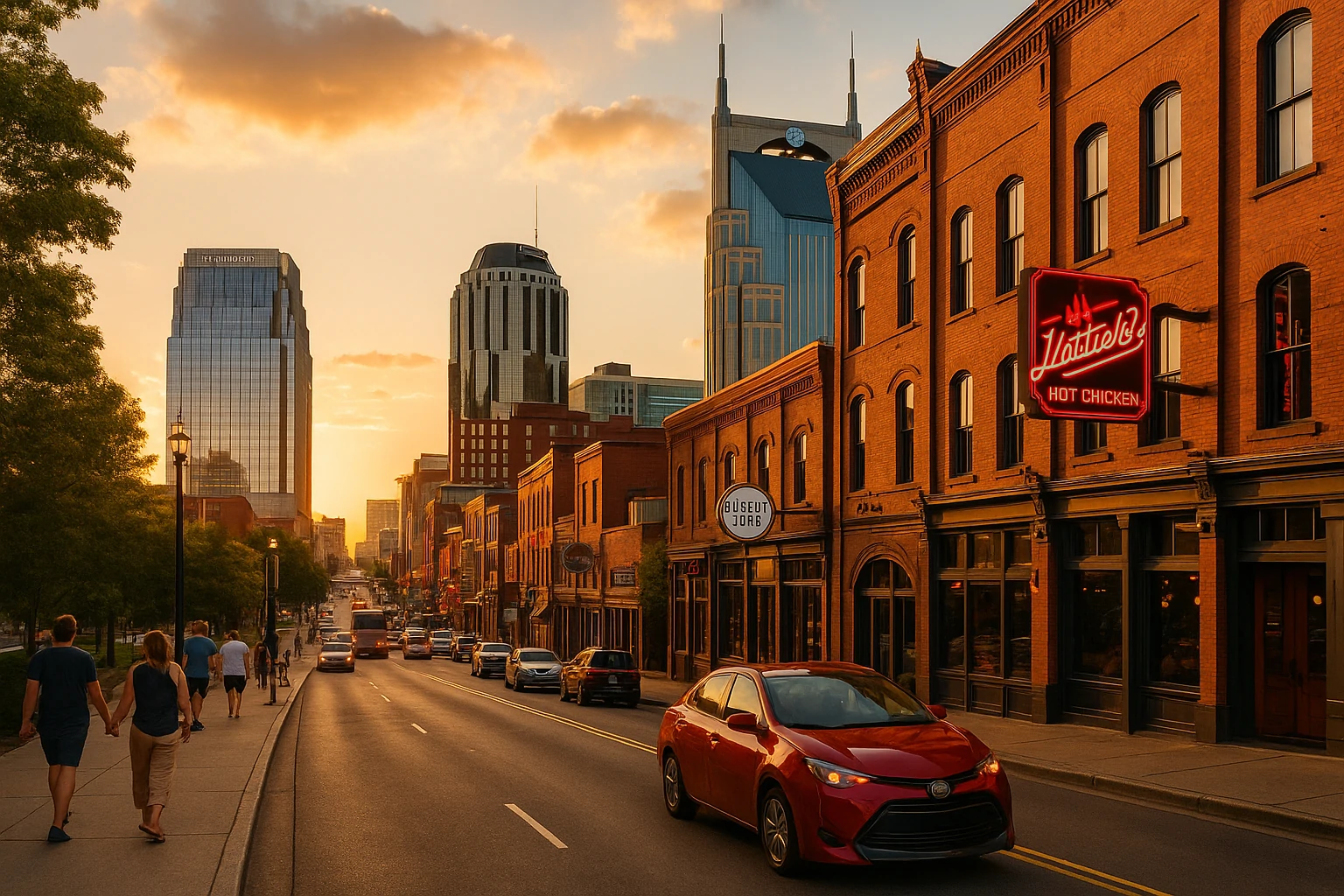 Downtown Nashville street with hotels, traffic, and pedestrians