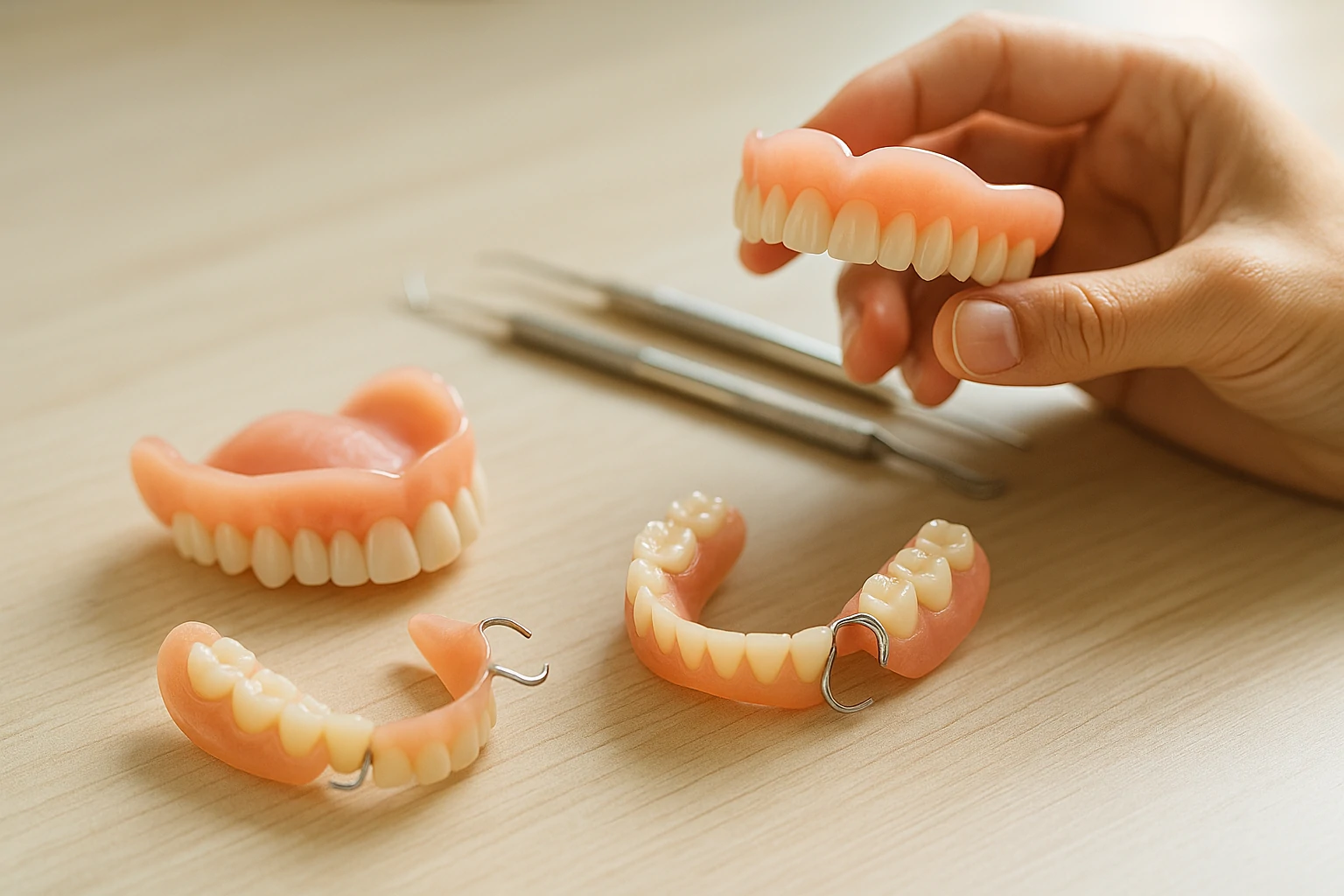 photo of full and partial dentures on a wooden surface showing types covered by Buckeye Health Plan.