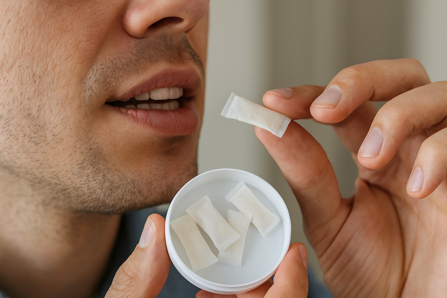 Person using a white nicotine pouch under the upper lip in a casual setting