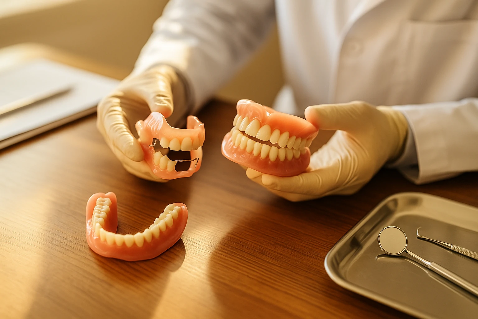 A dental professional holding full and partial dentures on a wooden desk with natural light, showing Medicaid-covered denture types.