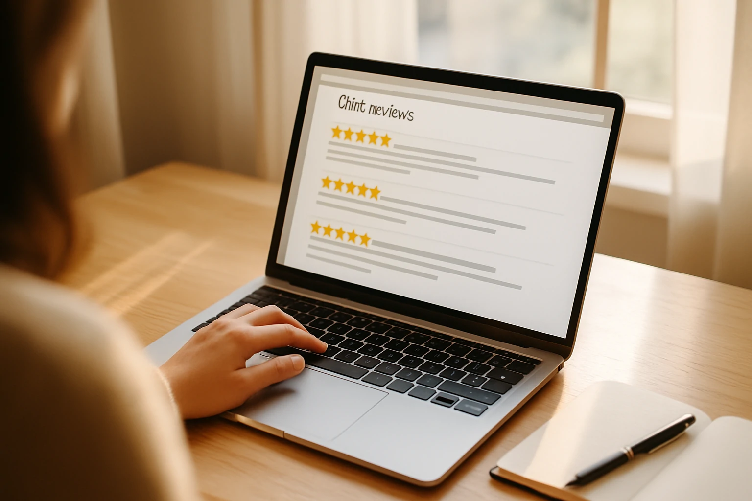 A person reads online clinic reviews on a laptop in warm, natural light near a window.