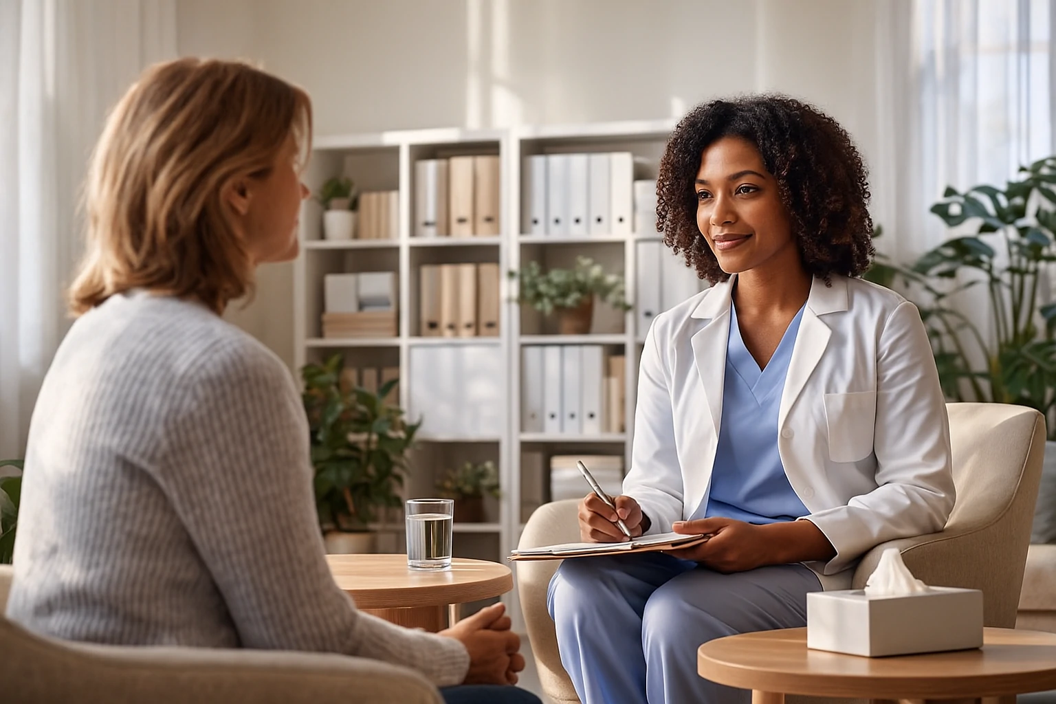 A therapist and patient sit in a softly lit room during a mental health session, with plants, wooden tables, and calm natural light.