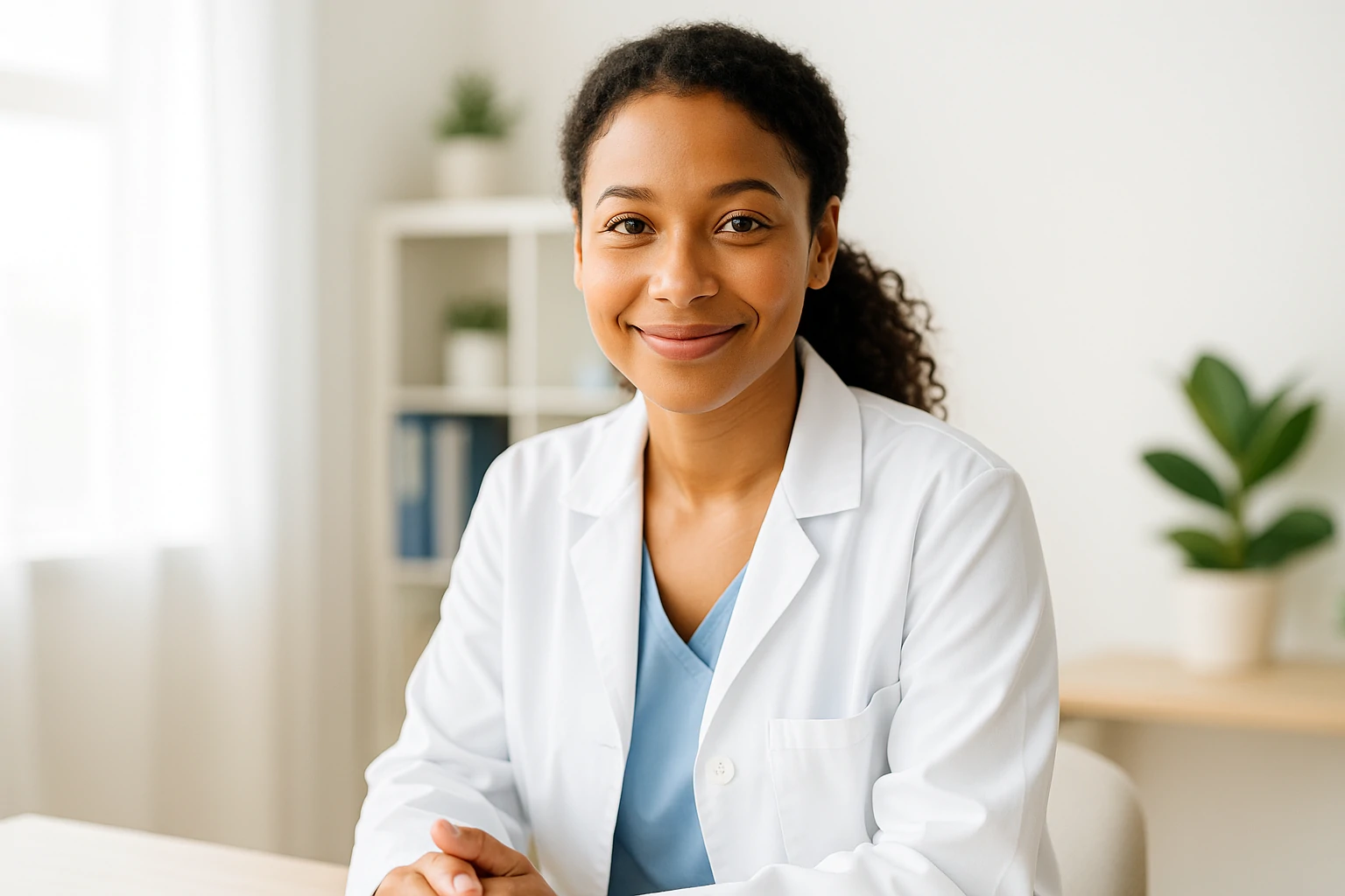 African American female doctor in white coat smiling in bright medical office with glowing natural light.
