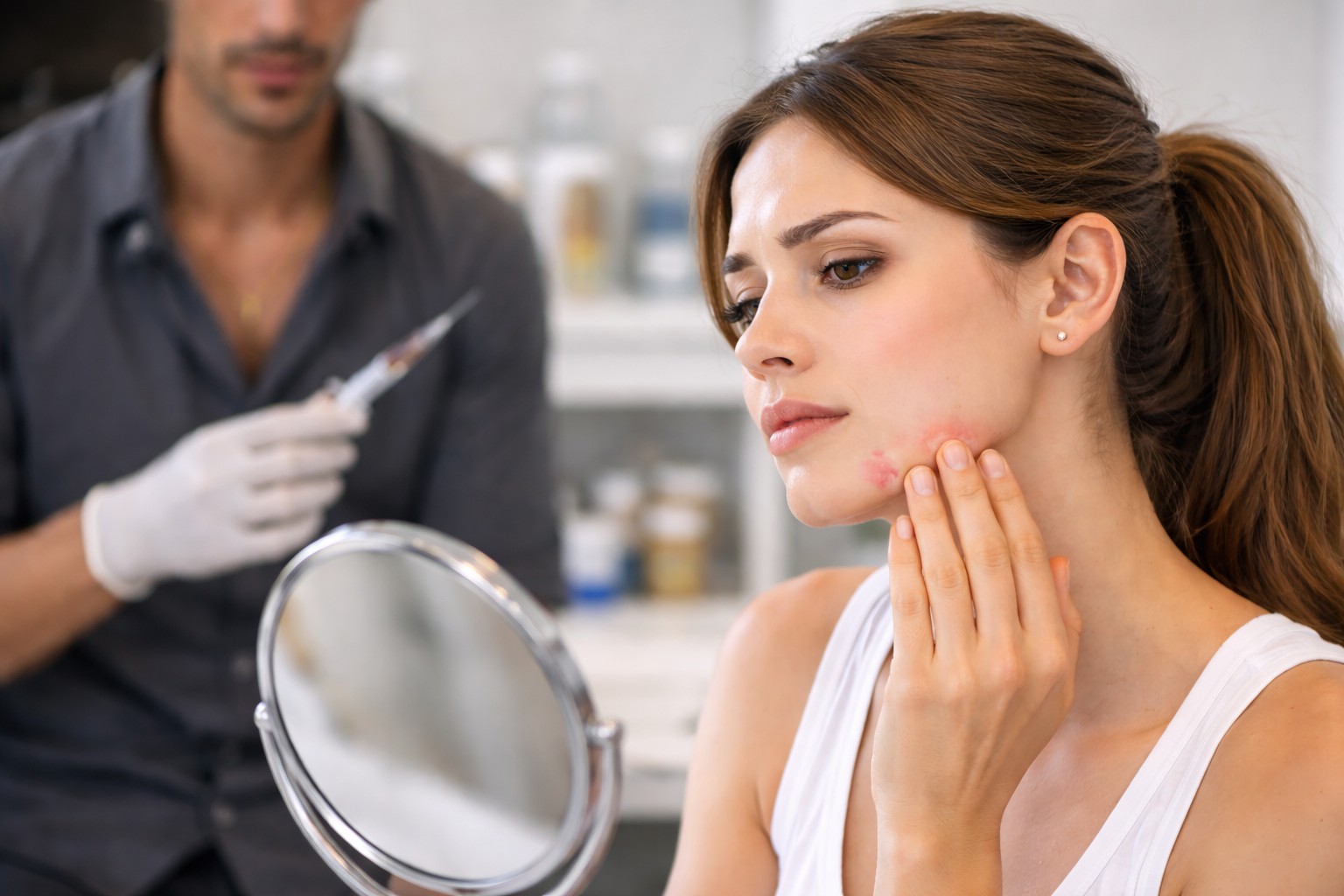 Close-up image of uneven chin skin after dermal filler complications, showing slight lumps and texture.