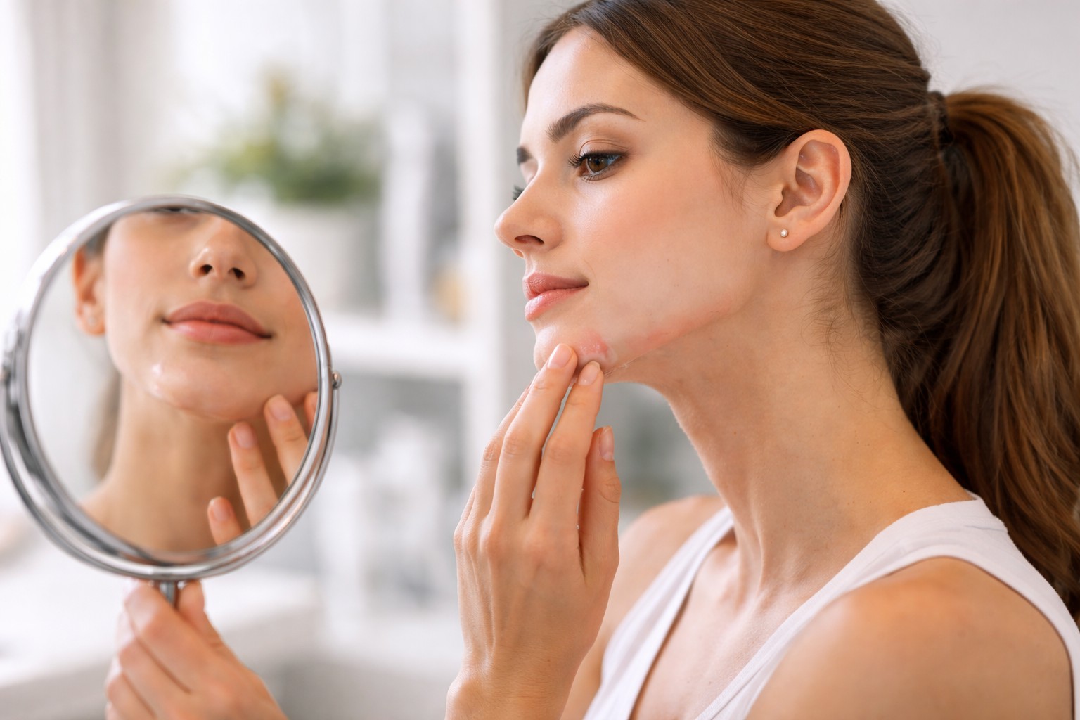 Side view of a young woman’s chin in natural lighting, showing post-filler swelling and gradual healing results