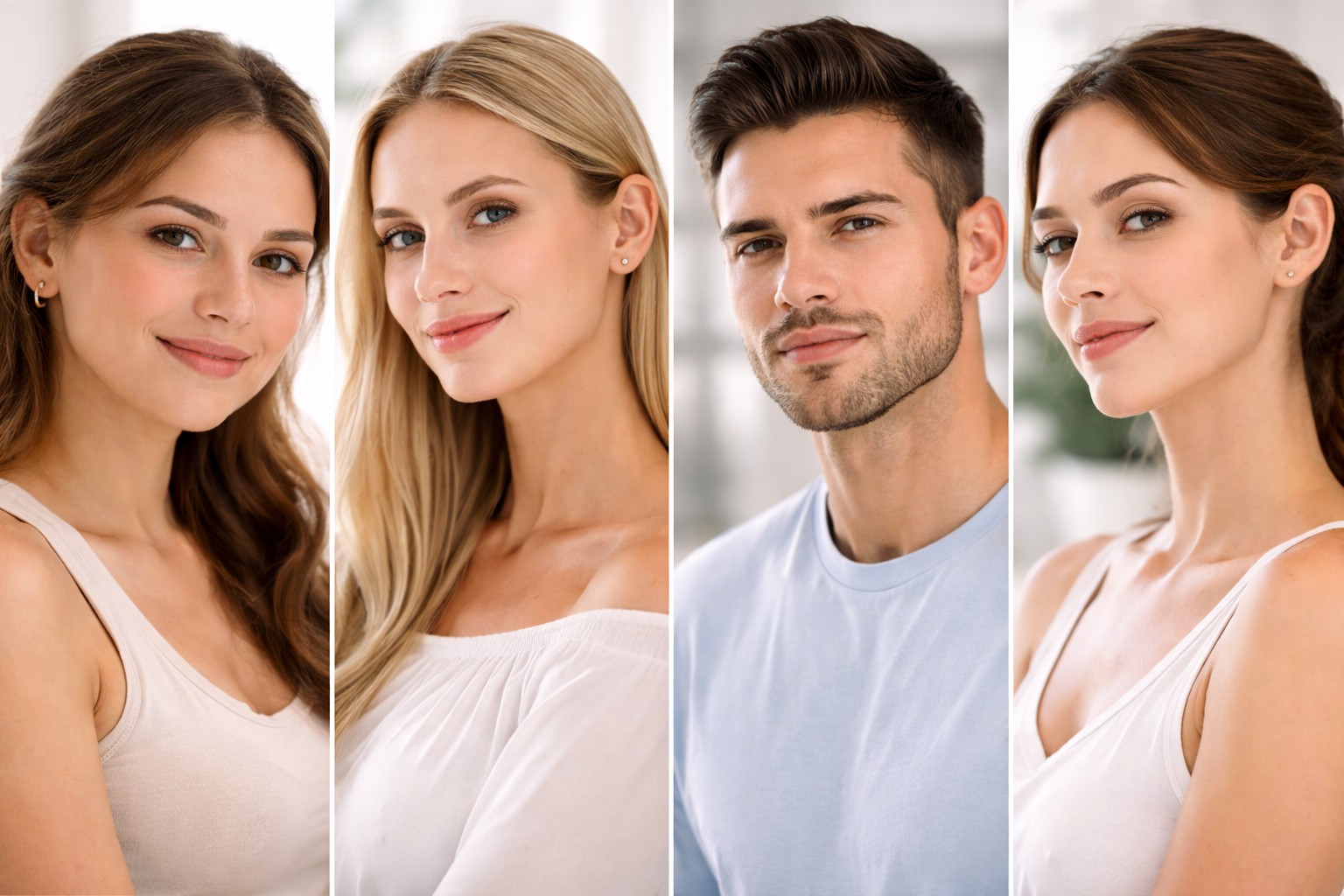 High-resolution photo showing four diverse people with different facial structures, highlighting chin filler effects for round, long, masculine, and feminine faces.