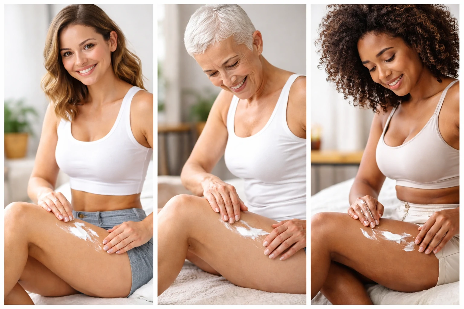 Women of different ages and skin tones applying cellulite cream to their thighs at home in a natural skincare setting