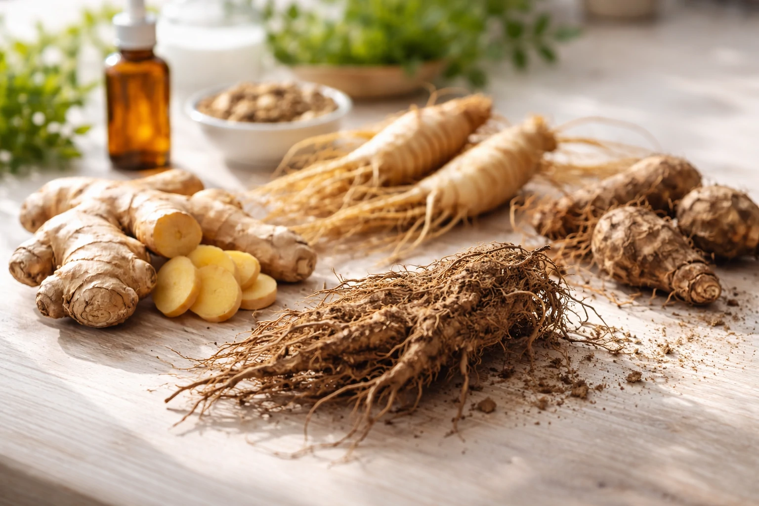 Medicinal roots like ginger and ginseng placed beside an unidentified root on a white studio surface, showing how visual similarity can cause confusion in natural health topics.