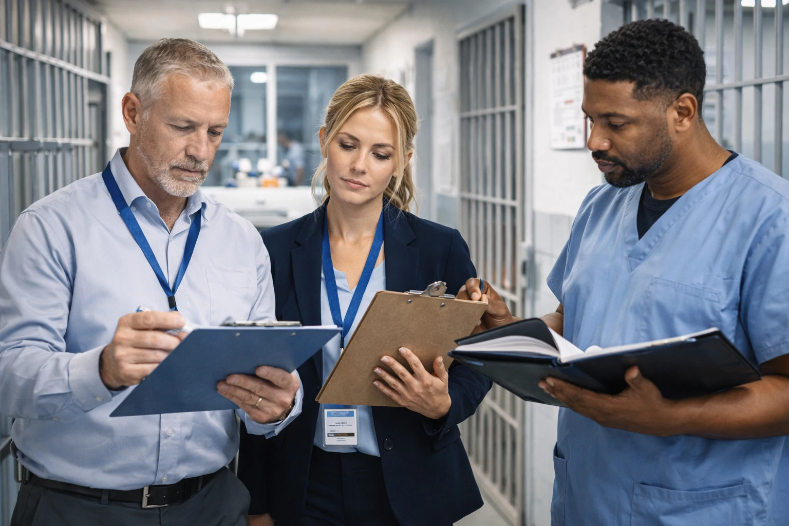 Healthcare oversight staff reviewing medical records during a safety audit to improve patient care standards.