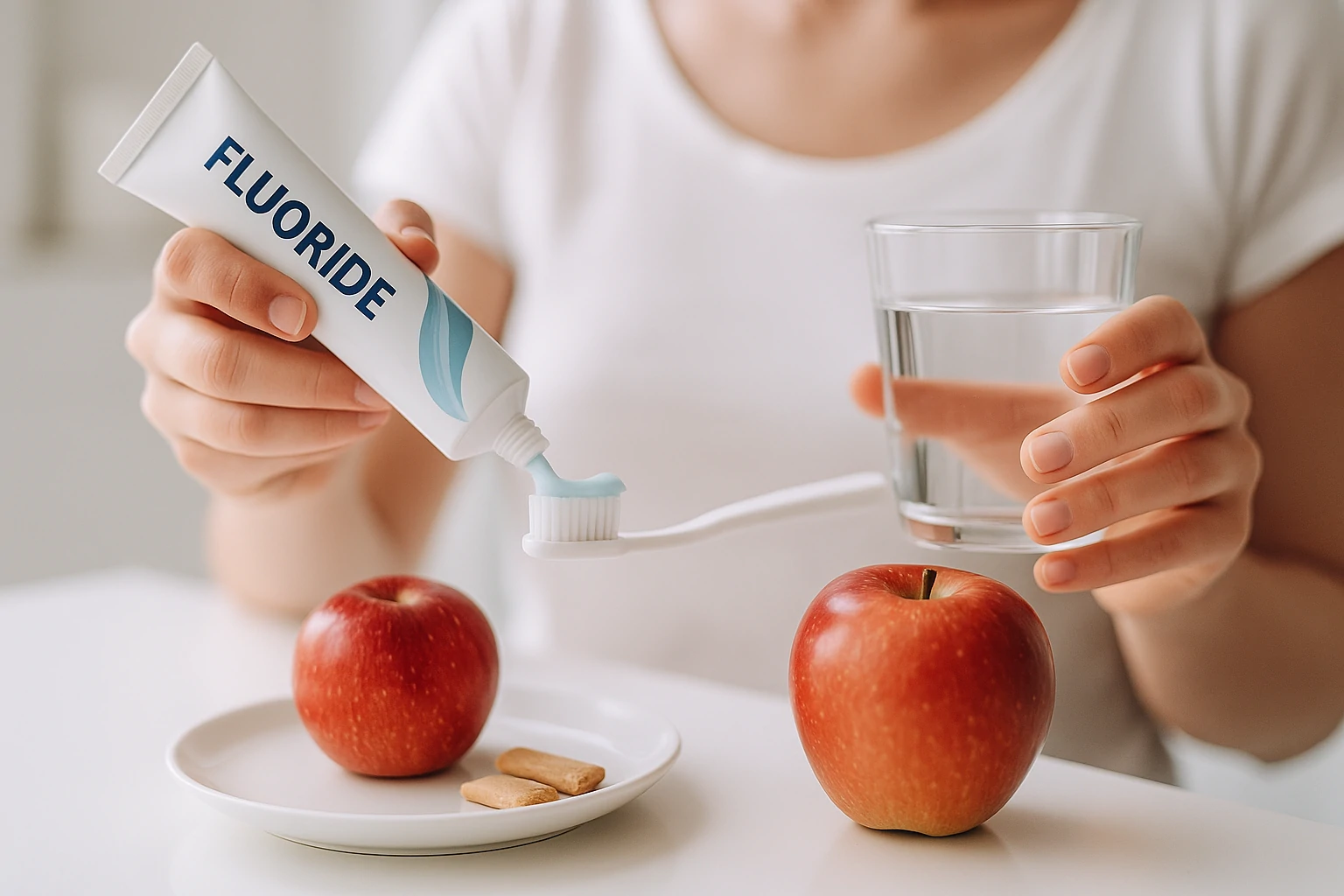 Close-up of a toothbrush with fluoride toothpaste, clean water glass, and sugar-free gum on a bright bathroom counter.