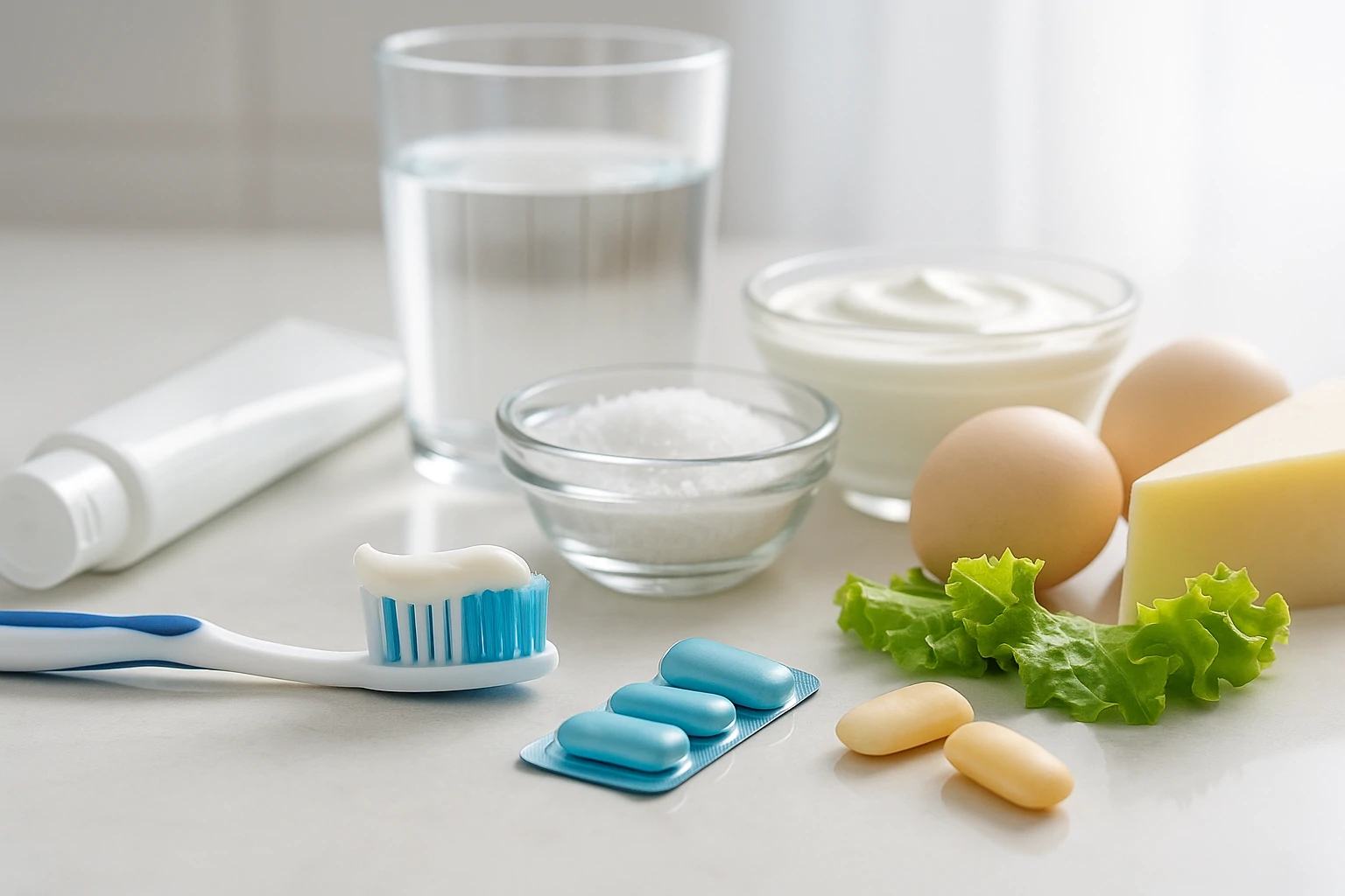 Digital photo showing dental care items including fluoride toothpaste, salt water rinse, sugar-free gum, and tooth-friendly foods like cheese and leafy greens, arranged on a bathroom counter