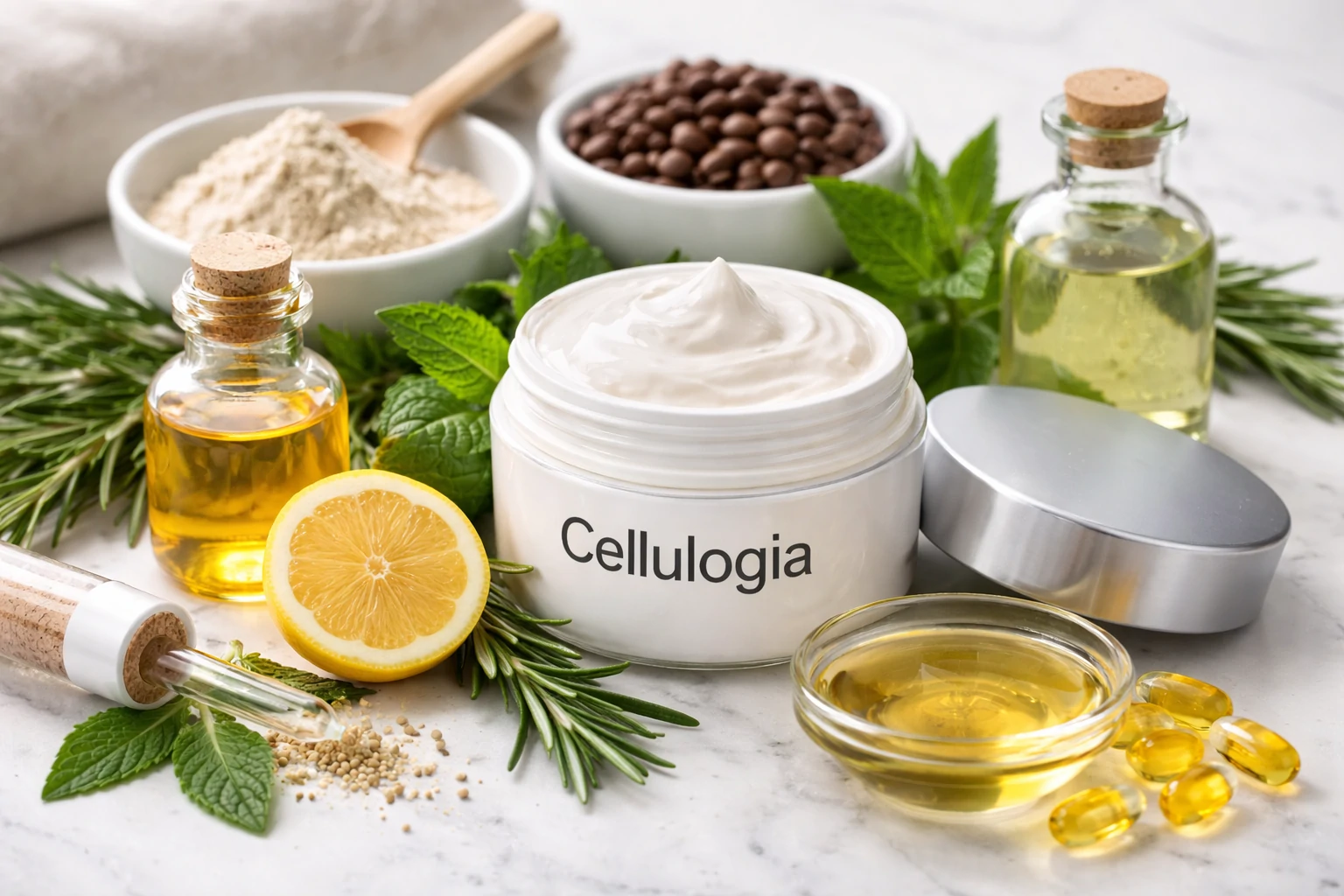 Skincare ingredients like caffeine, retinol, and green tea arranged neatly on a marble surface