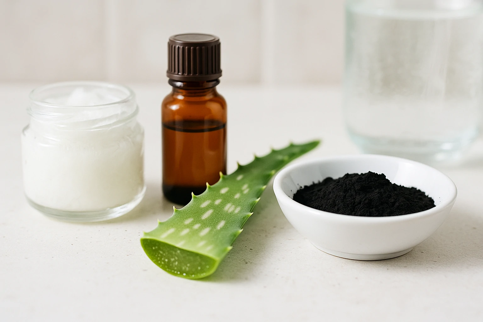 Coconut oil, clove oil, aloe vera, and activated charcoal displayed on a clean white surface as common natural remedies for oral discomfort