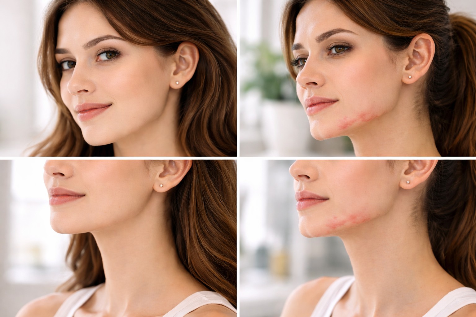 Split-screen photo showing real vs fake chin filler results with different lighting, angles, and skin textures.