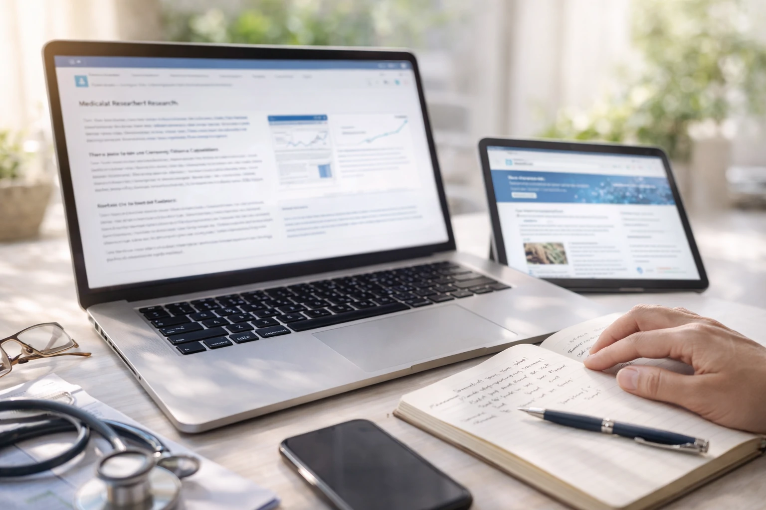 Person reviewing medical research on a laptop with a tablet and notebook on a bright desk, showing safer ways to check health terms using trusted sources.