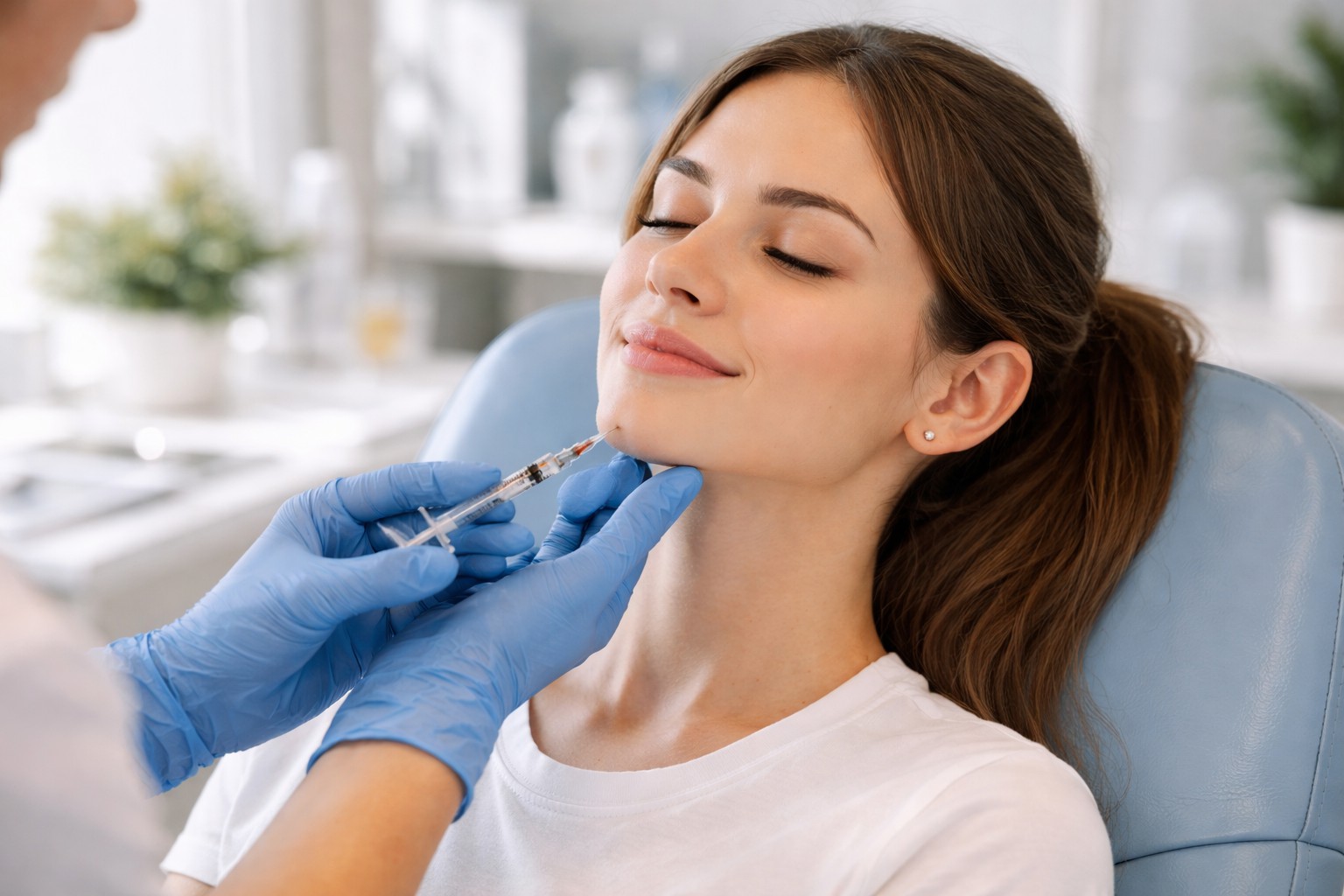 Side profile of a young woman with enhanced chin definition under soft natural lighting after cosmetic filler