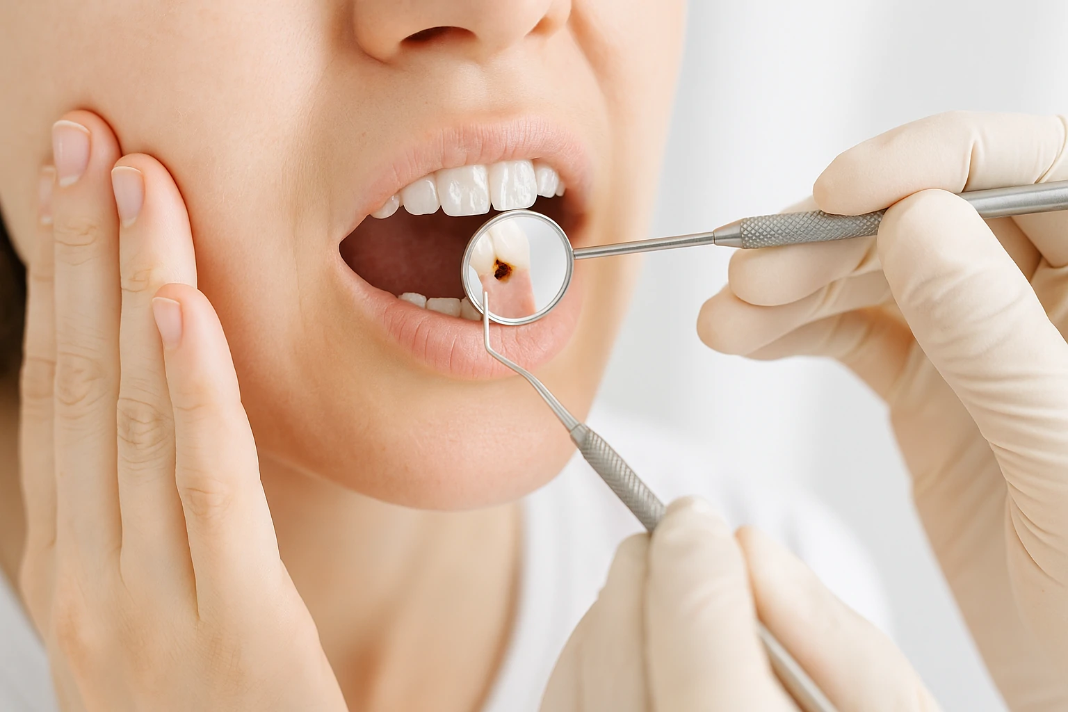 A cinematic close-up of a healthy white molar with early signs of enamel demineralization in a glowing white dental clinic.