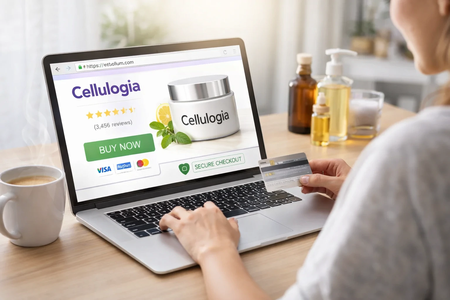 Close-up of a person browsing Cellulogia cream on a laptop with secure checkout icons and skincare bottles nearby on a desk
