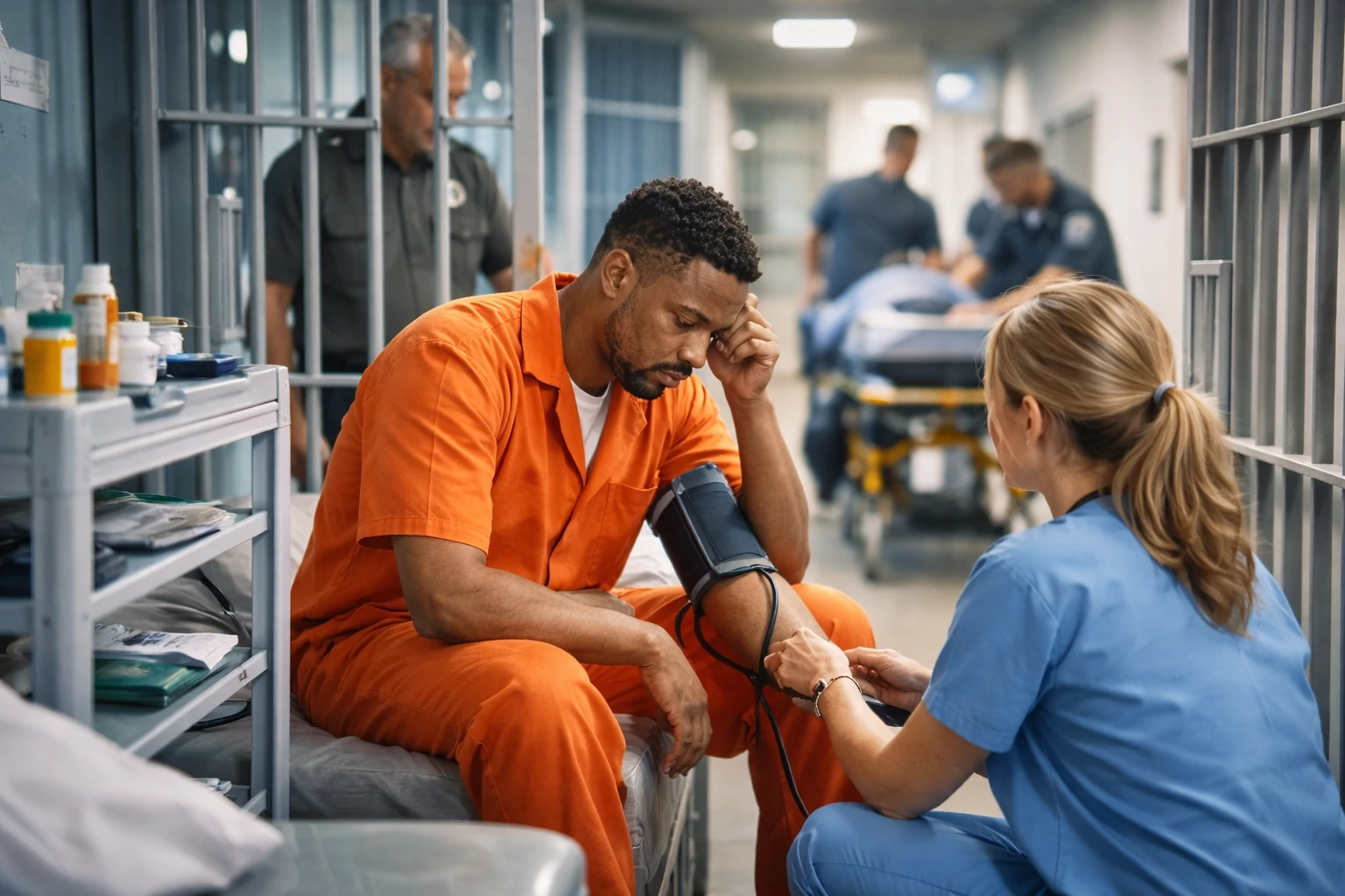 Correctional healthcare staff checking an inmate’s vital signs inside a jail medical unit, showing the risks and challenges of inmate medical care.