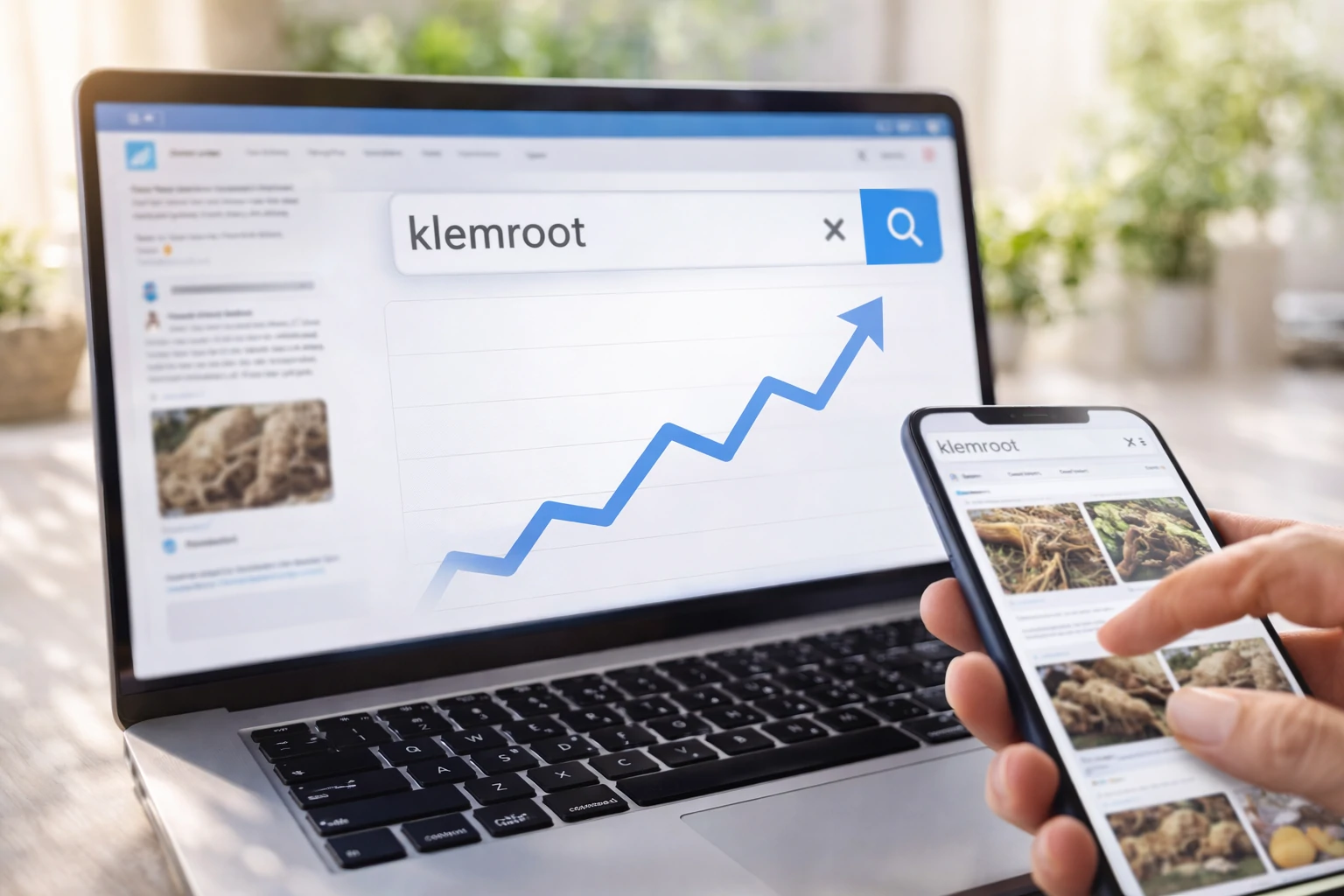 Laptop showing rising search trend for klemroot alongside a smartphone displaying root images, highlighting growing online interest and repeated promotion of the klemroot term.