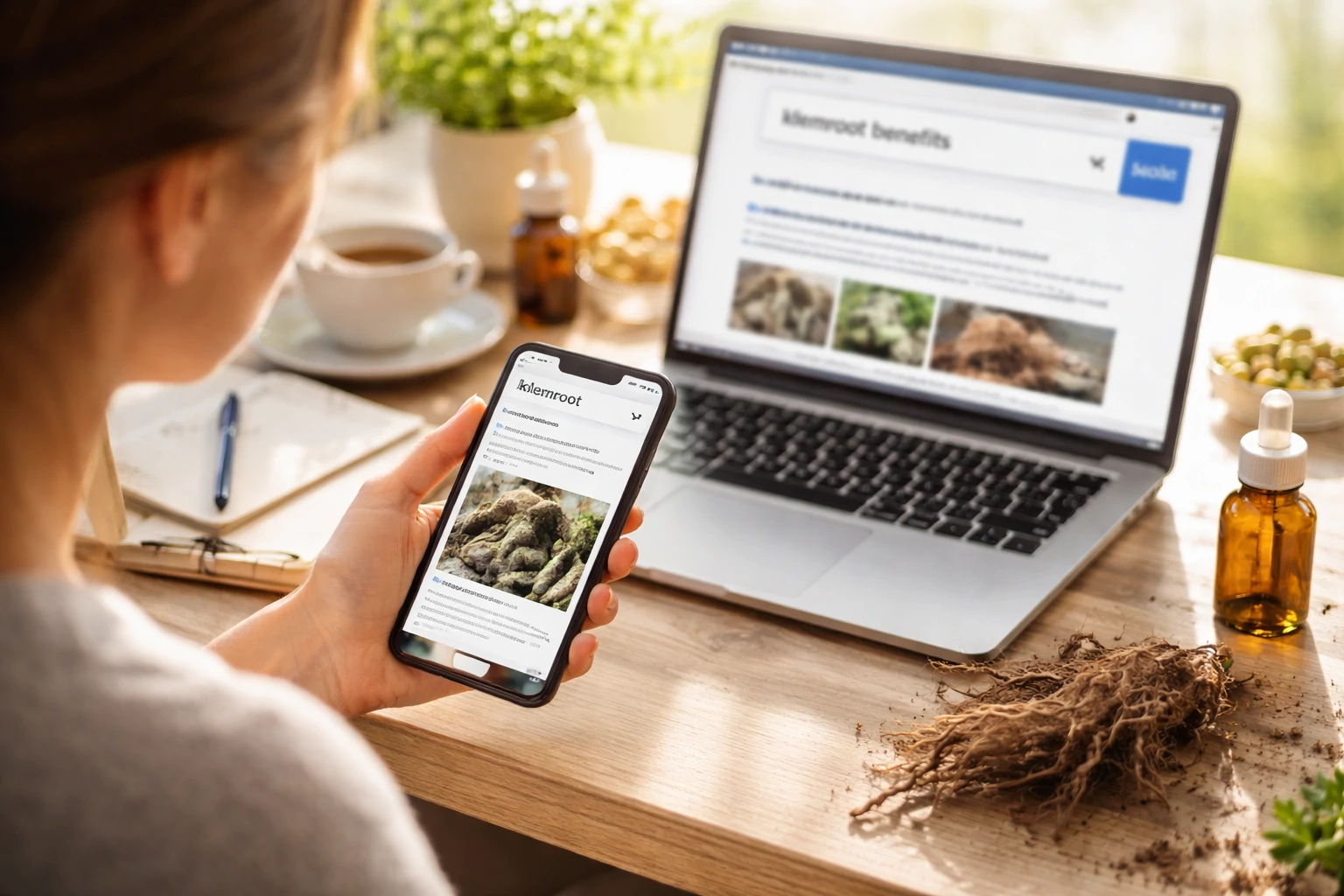 Person researching klemroot on a smartphone and laptop at a bright desk with natural roots and herbal items, showing rising online curiosity about klemroot health topics.