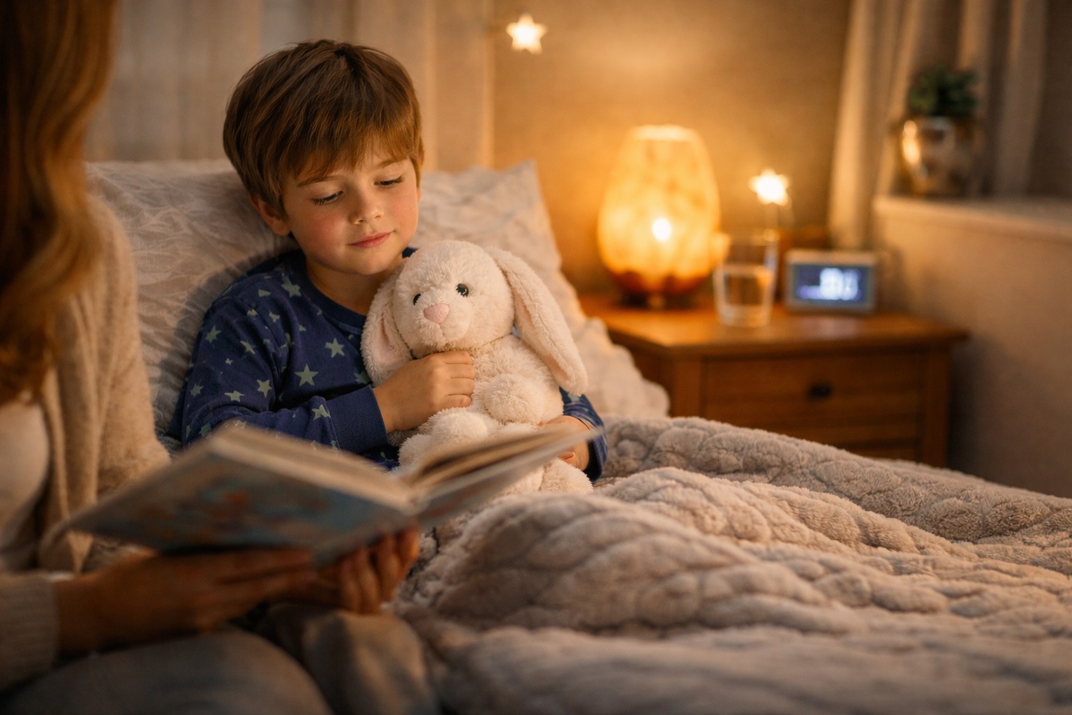 Autistic child relaxing in bed with a comfort toy under soft warm light as a parent reads a bedtime story to support a calming sleep routine.
