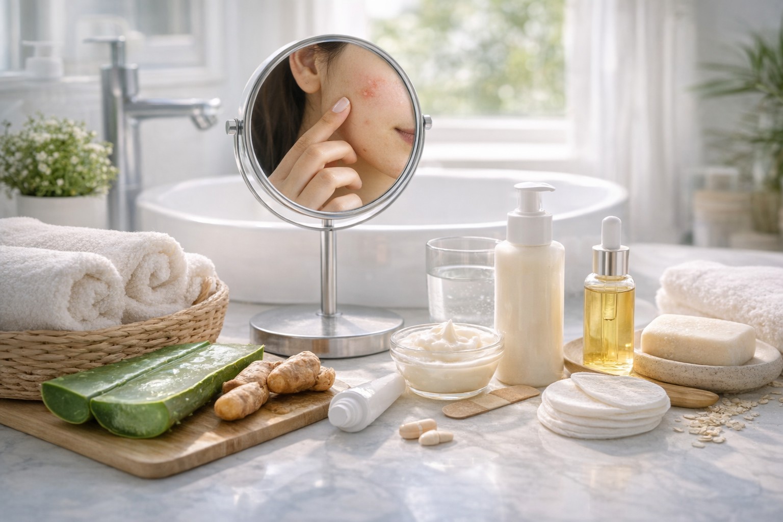 Common skin problems like acne, dry skin, and sensitive reactions shown with gentle skincare products in a bright white bathroom under natural light.